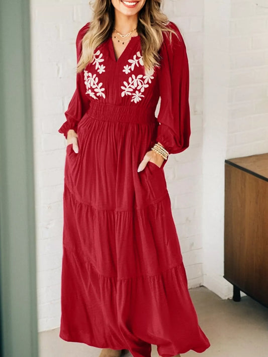 Sarah Express Women's Embroidered Maxi Dress Long Sleeve Tiered Boho Dress Rust