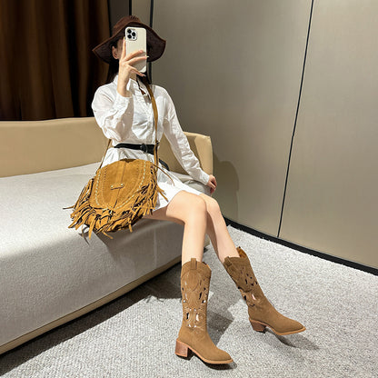 Sarah Express Embroidered Western Cowboy Boots With Chunky Heels And V Neck Cutout Knight Boots