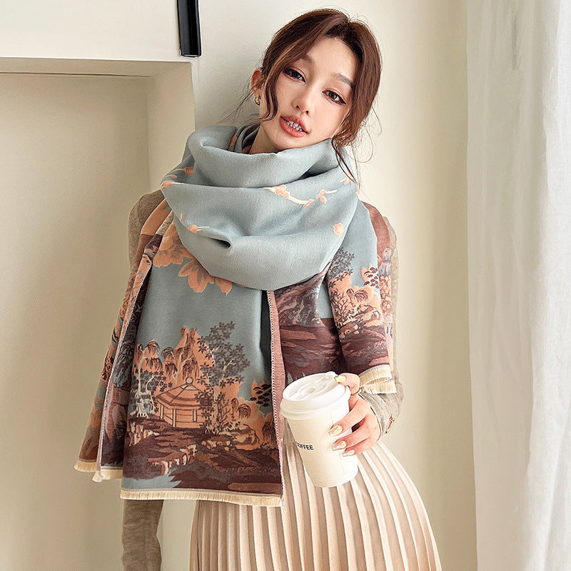 Sarah Express Vintage Plum Scarf Women's Imitation Cashmere Thickened Winter Shawl Wrap