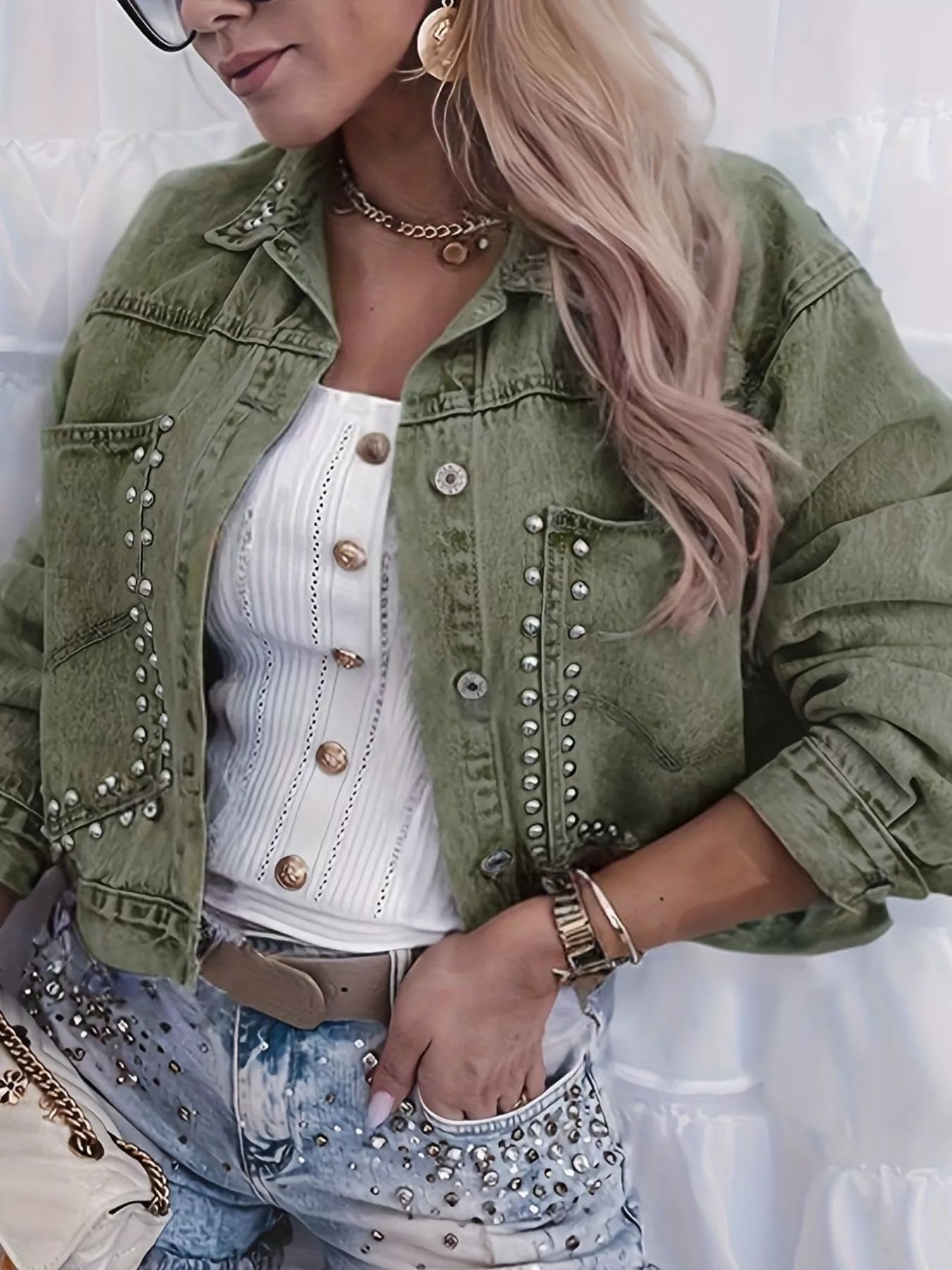 Sarah Express Women's Studded Button Up Denim Jacket