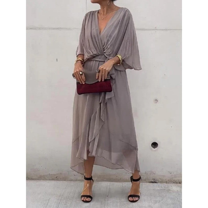Sarah Express Women's Batwing Sleeve V-Neck Dress Summer Tie Detail Irregular Hem Mid-Length Fairy Dress