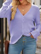 Sarah Express Women's Ribbed Knit Button Front V Neck Cardigan