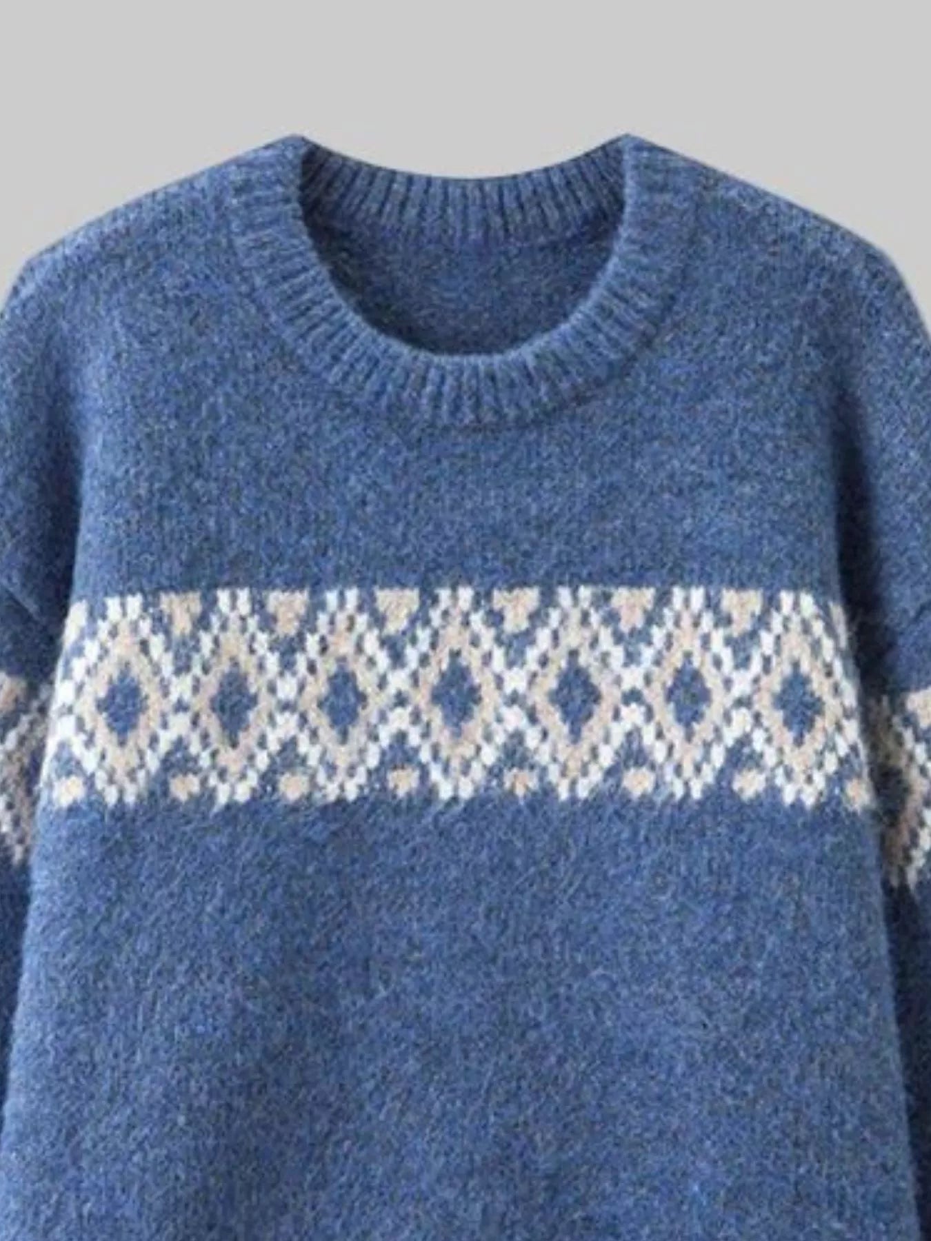 Sarah Express Women's Vintage Patterned Round Neck Sweater Plus Size