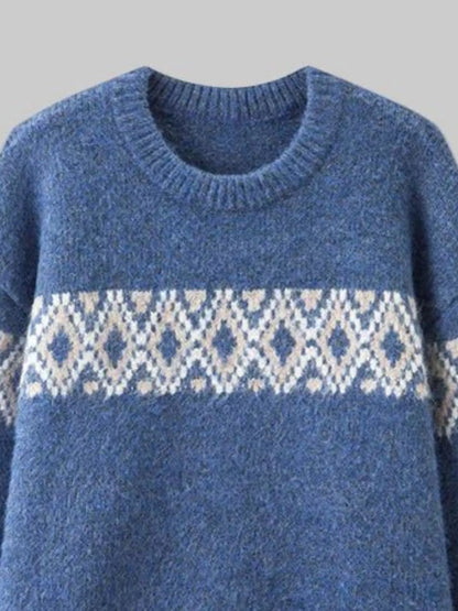 Sarah Express Women's Vintage Patterned Round Neck Sweater Plus Size