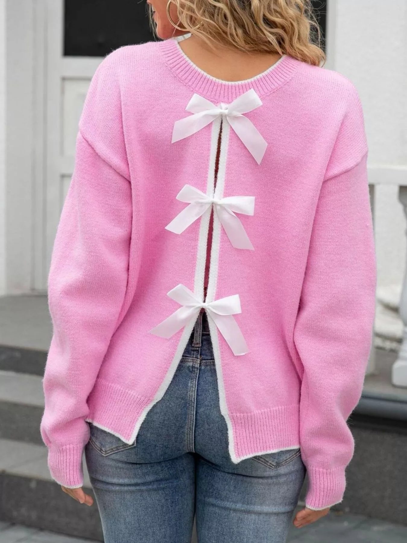 Sarah Express Women's Bow-Back Round Neck Sweater - Elegant Knit Pullover Pink