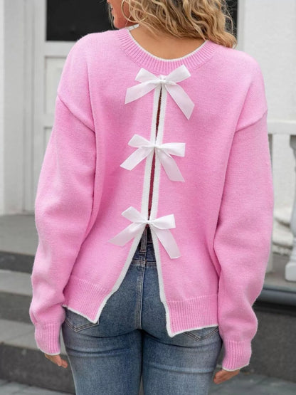Sarah Express Women's Bow-Back Round Neck Sweater - Elegant Knit Pullover Pink