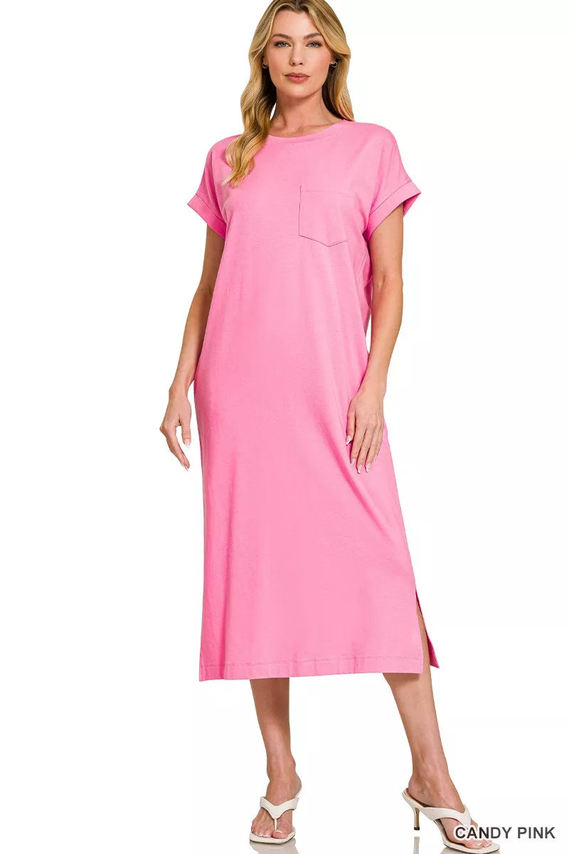 Sarah Express Women's Round Neck Short Sleeve Midi Dress CANDY PINK