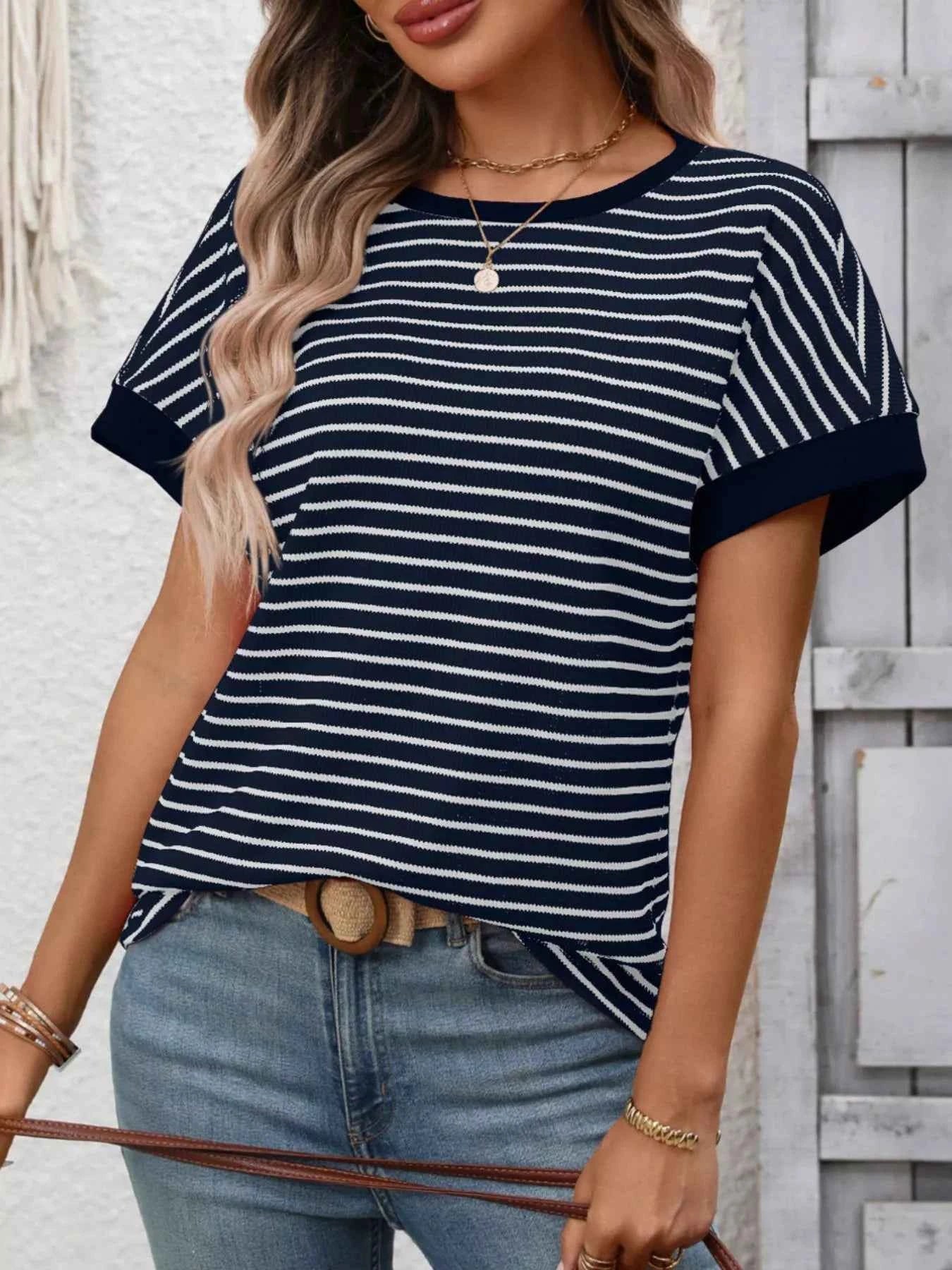 Sarah Express Women's Striped Ribbed Knit Short Sleeve T-Shirt