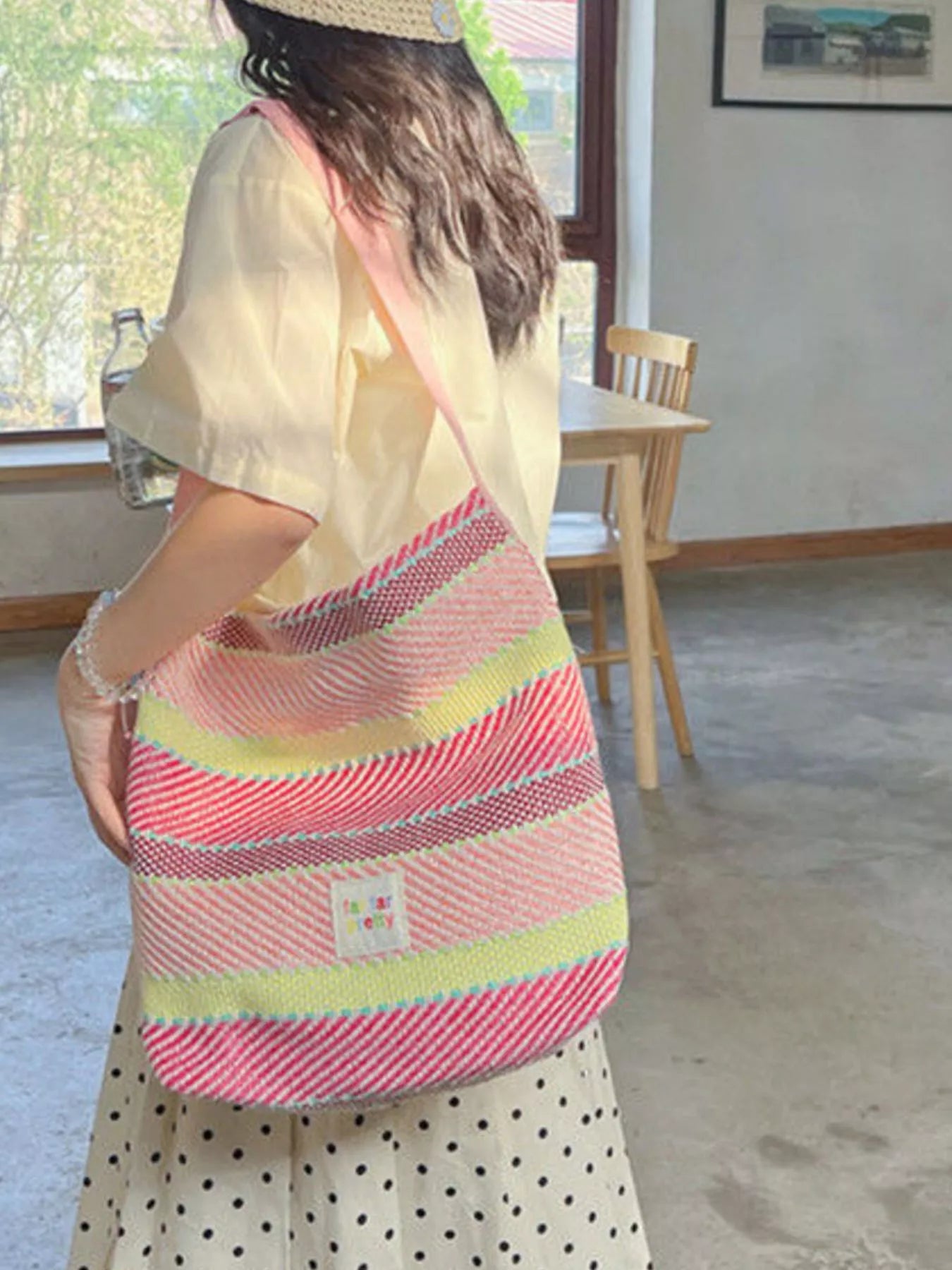 Trendsi Women's Striped Woven Shoulder Bag with Adjustable Strap