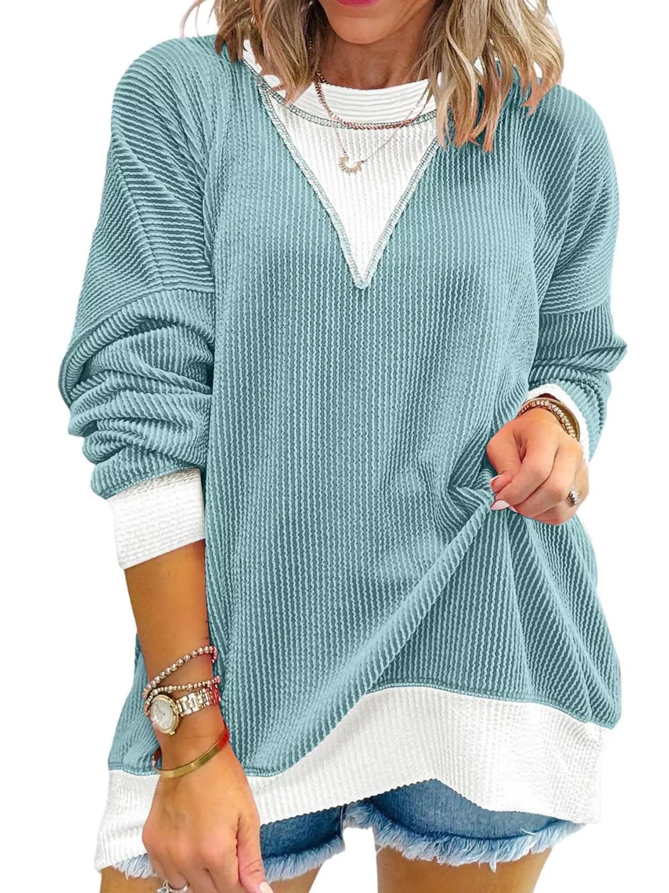 Sarah Express Women's Contrast Dropped Shoulder Sweatshirt Pastel Blue