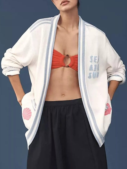 Sarah Express Women's Seashell Embroidered Open Front Cardigan