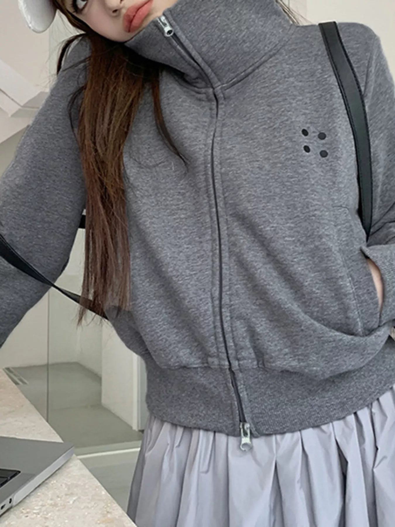 Sarah Express Women's Casual Zip-Up Cropped Jacket