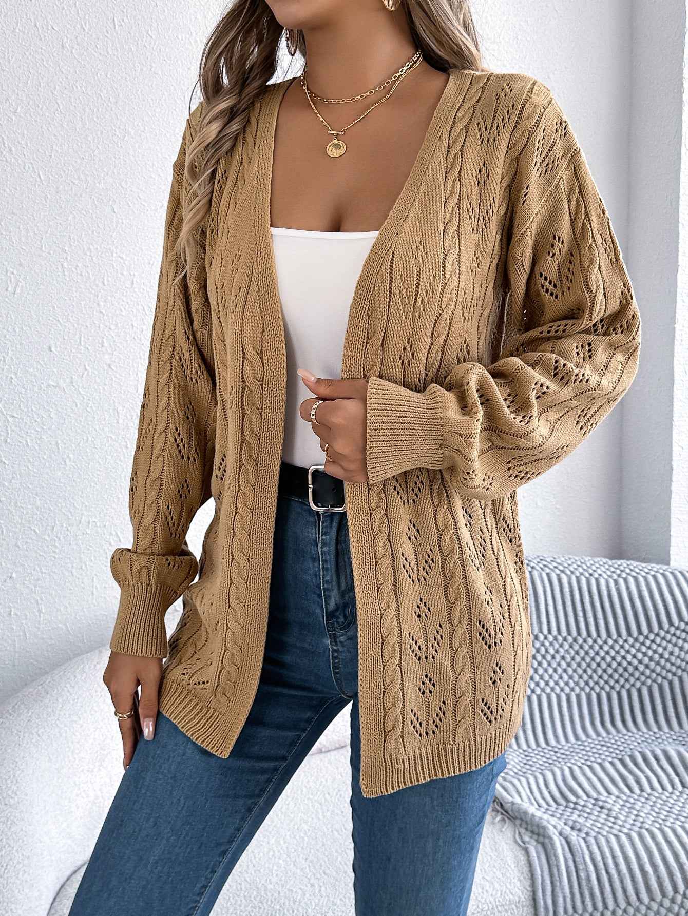 Sarah Express Women's Hollow Out Cardigan Sweater - Long Sleeve Open Front Knit Coat