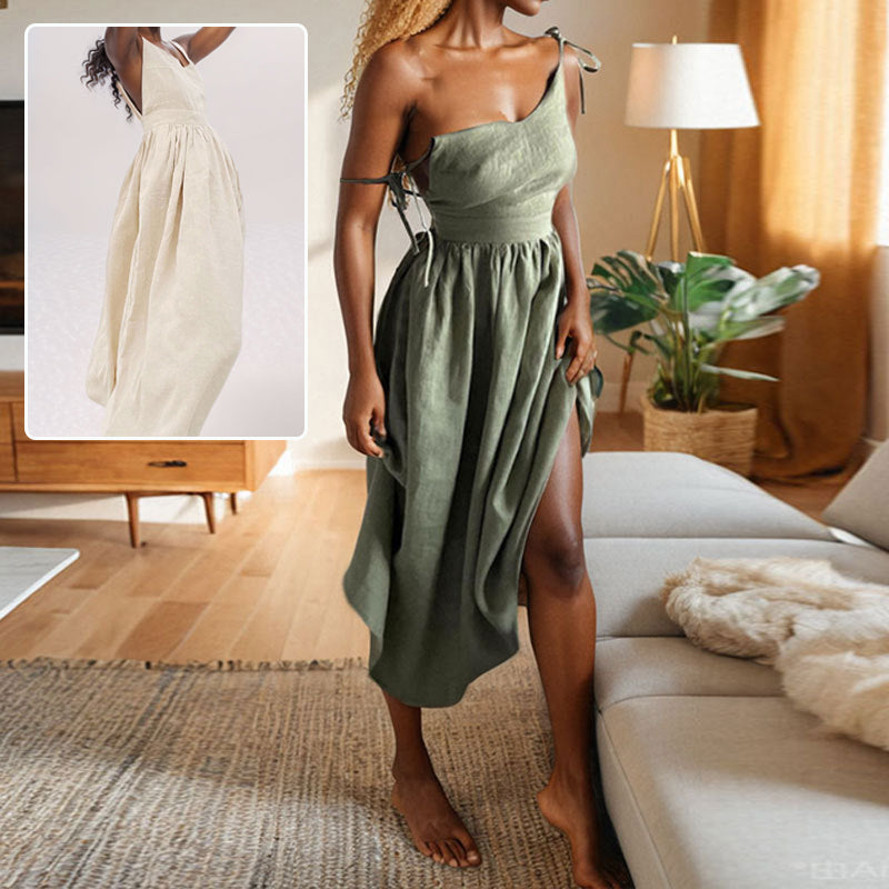 Women's V-Neck Suspender Split Dress - Backless High Waist Long Dress
