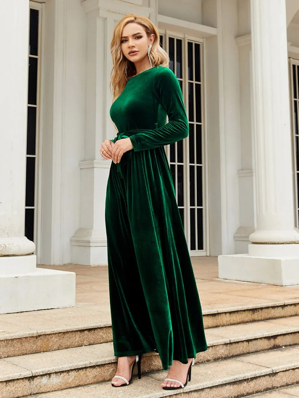 Sarah Express Women's Tie Front Round Neck Long Sleeve Maxi Dress - Fall/Winter Casual Dress