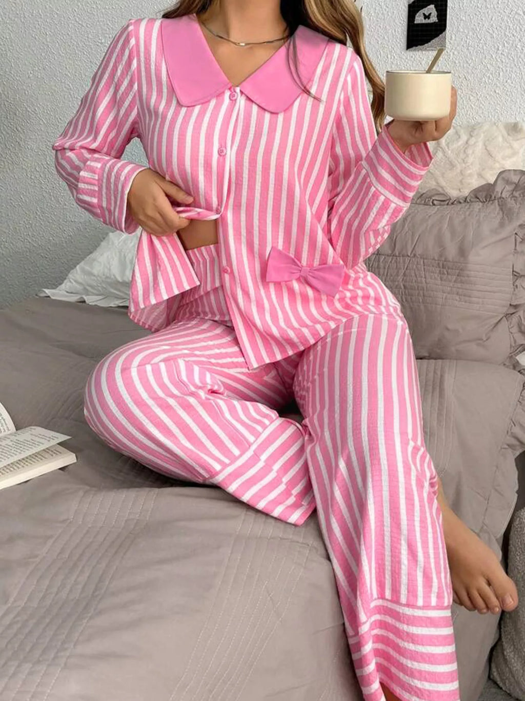 Sarah Express Women's Stripe Buttoned Front Long Sleeve Sleepwear Set Pink