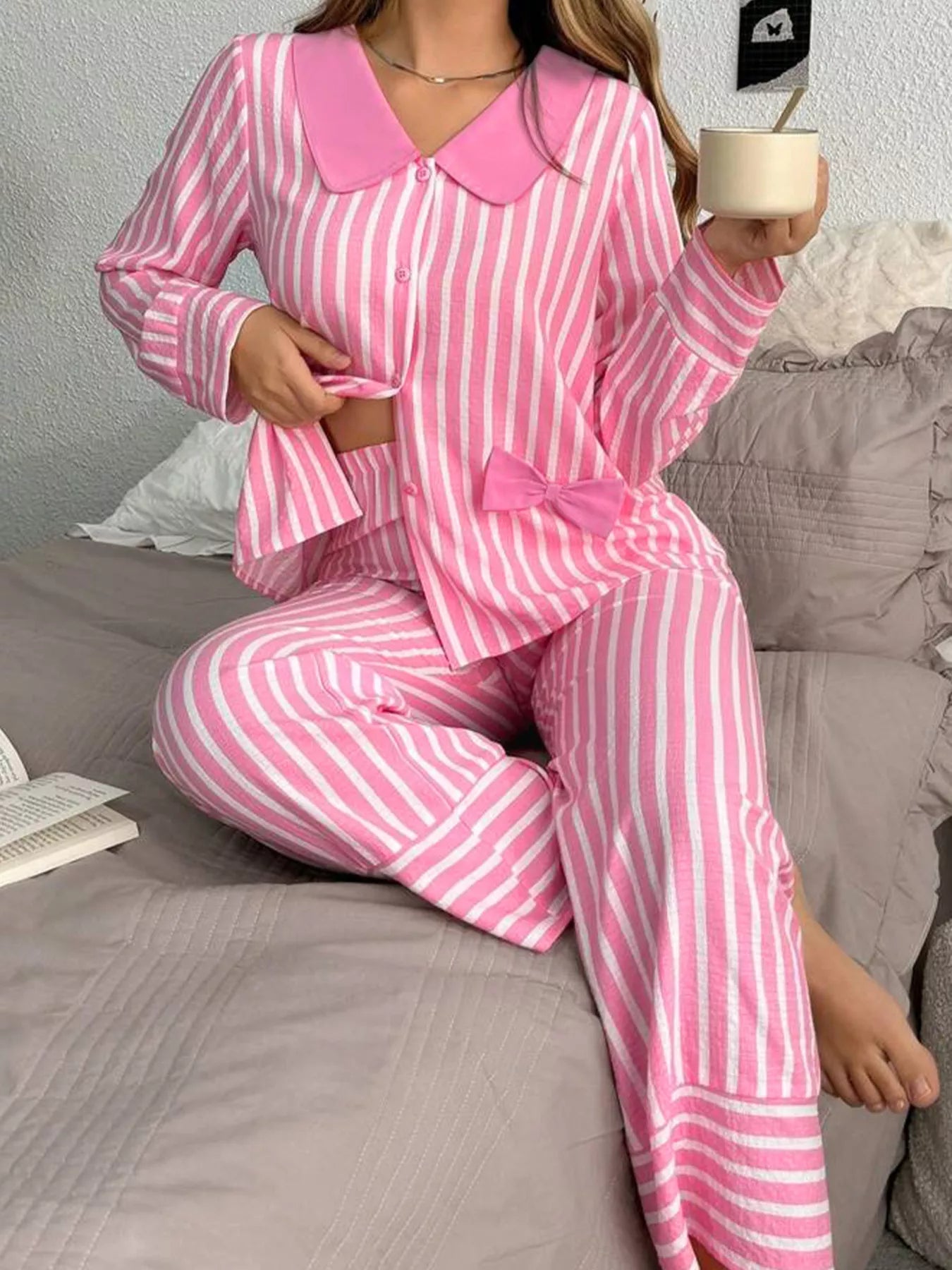Sarah Express Women's Stripe Buttoned Front Long Sleeve Sleepwear Set Pink