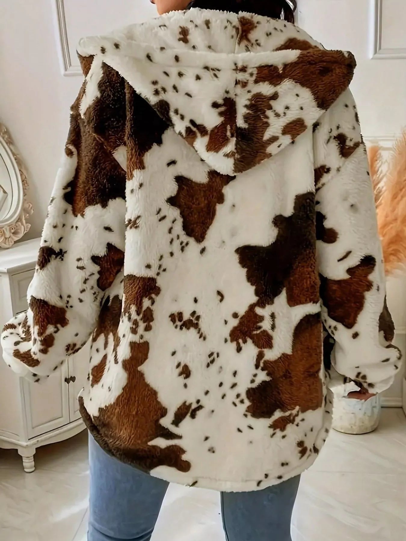 Sarah Express Women's Cow Print Plush Hooded Jacket - Cozy Open Front Outerwear
