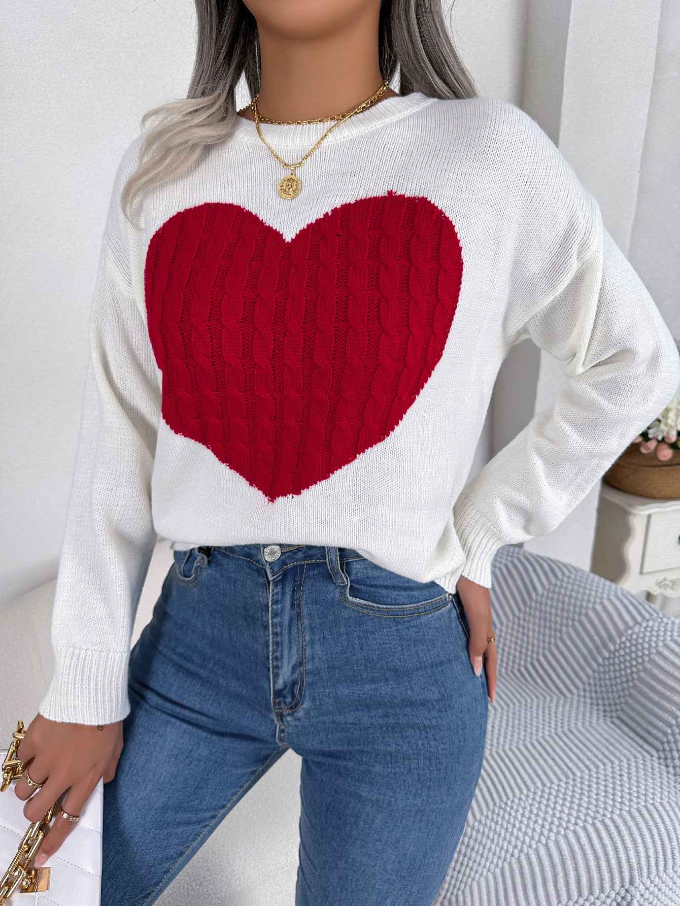 Sarah Express Women's Cable Knit Heart Pattern Pullover Sweater Long Sleeve