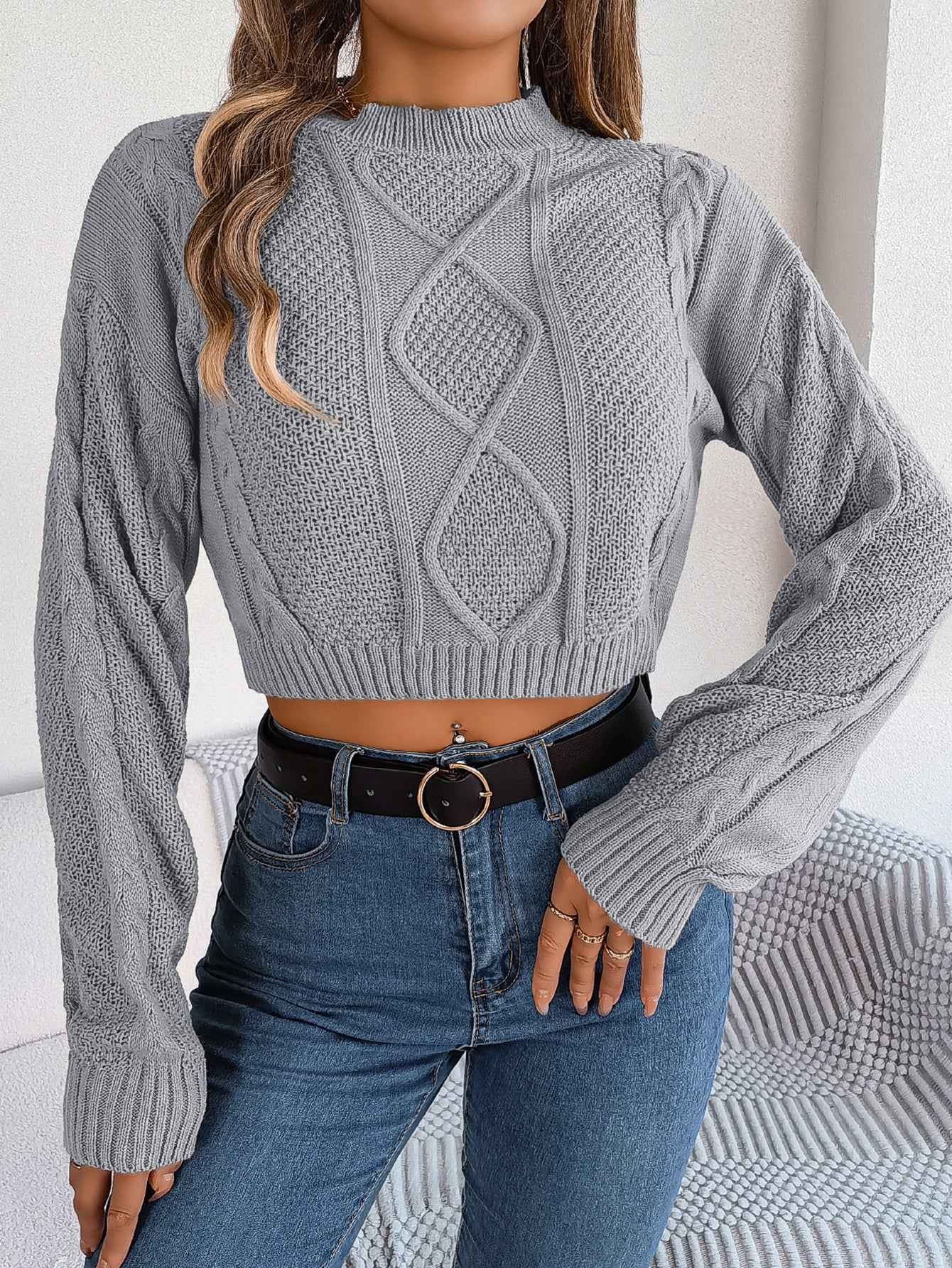 Sarah Express Women's Cable Knit Cropped Pullover Sweater - Long Sleeve Solid Color Gray