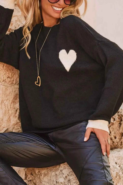 Sarah Express Women's Heart Pattern Round Neck Long Sleeve Sweater