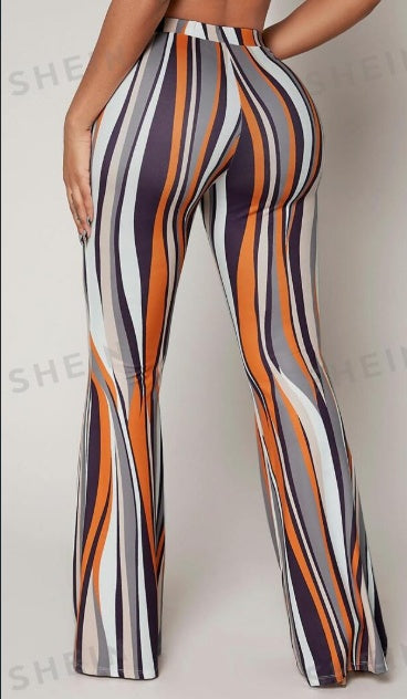 Sarah Express Women's Striped High Waist Flared Leg Pants