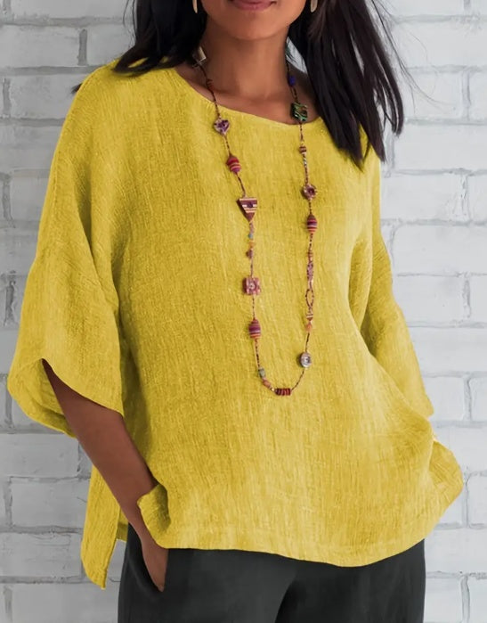 Sarah Express Women's Cotton Blend Round Neck Blouse 3/4 Sleeve Loose Fit Top