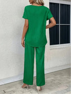 Sarah Express Solid Color 2 Piece Set Crew Neck Short Sleeve Top Long Pants Polyester