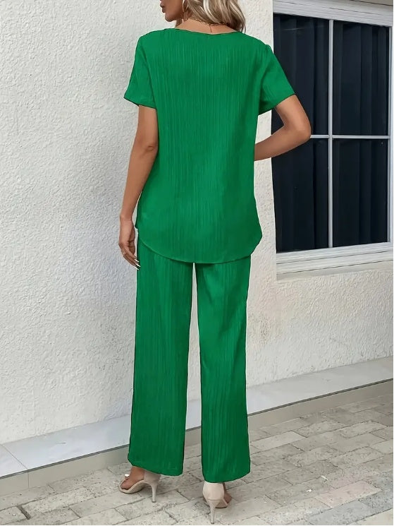 Sarah Express Solid Color 2 Piece Set Crew Neck Short Sleeve Top Long Pants Polyester