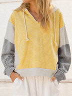 Sarah Express Women's Striped Color Block Hoodie with Drawstring Pastel Yellow