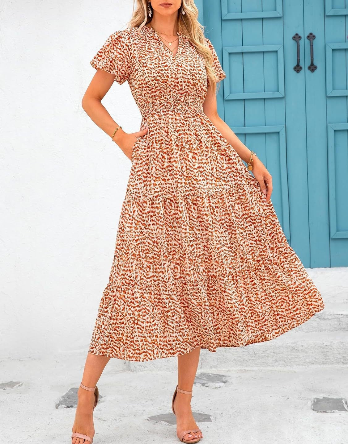 Sarah Express Floral V-Neck Bubble Pleated Maxi Dress Elastic Waist Short Sleeve