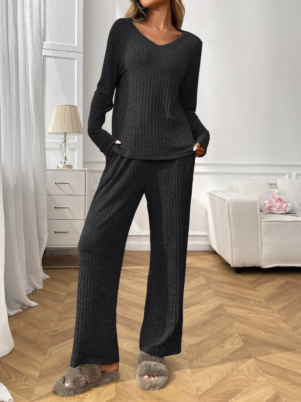 Sarah Express Women's Ribbed Long Sleeve Top and Pants Lounge Set