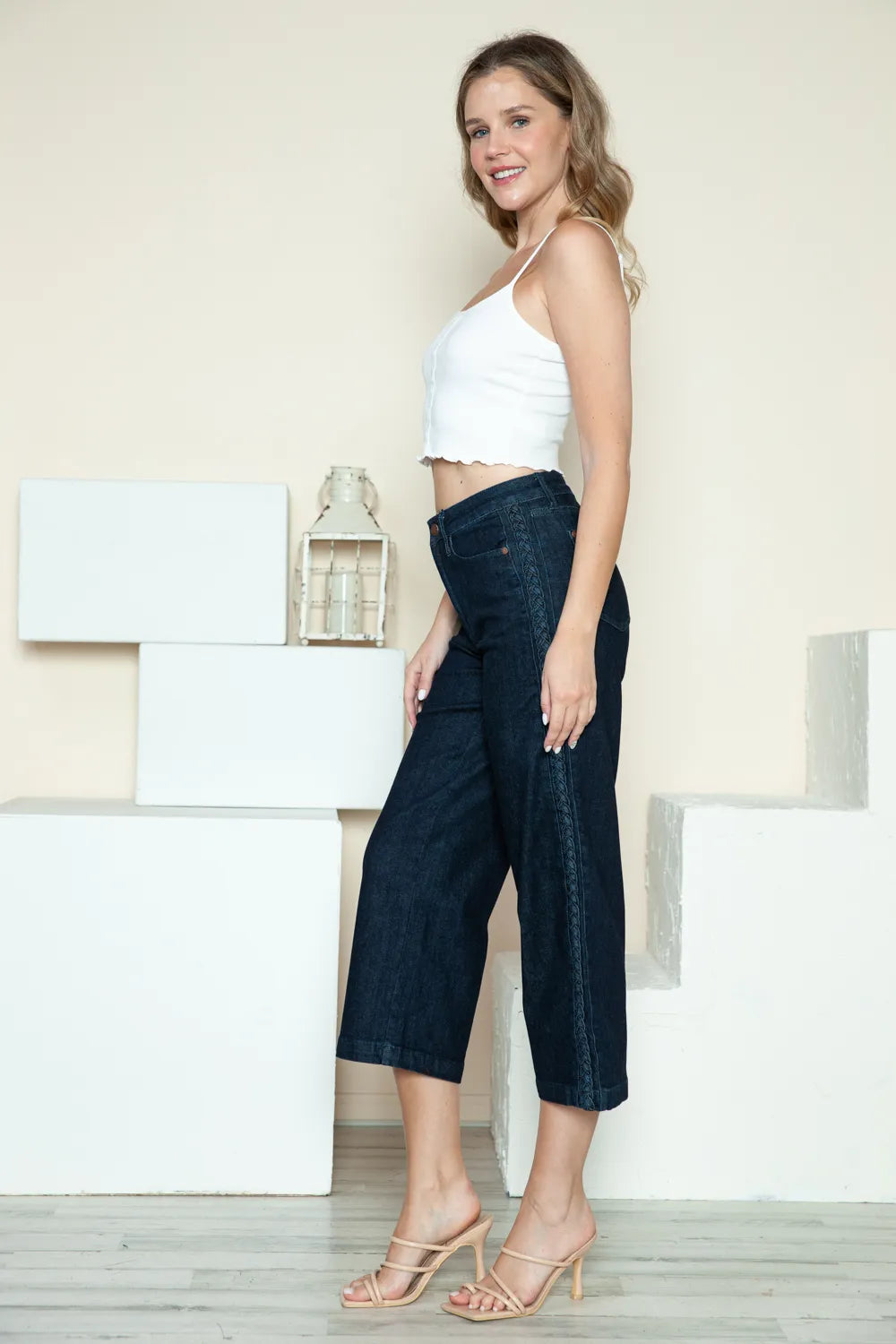 Sarah Express Women’s Plus Size High Rise Crop Wide Leg Jeans with Braid Detail
