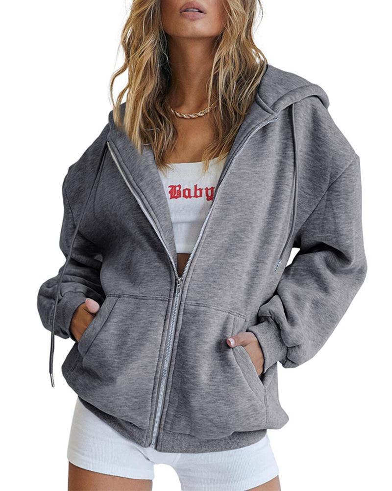 Sarah Express Women's Zip Up Hoodie Solid Color Drawstring Sweatshirt Casual Long Sleeve Fall Winter Top