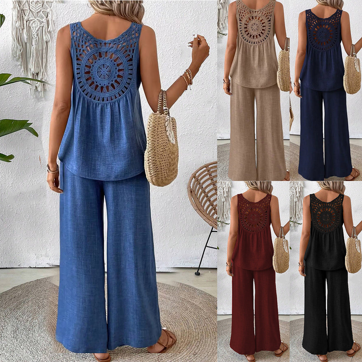 Sarah Express Women's Sleeveless Top and Pants Set with Lace Back Detail
