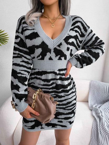 Sarah Express Women's Tiger Print Sweater Dress with Lantern Sleeves - Cinched Waist Knit Dress