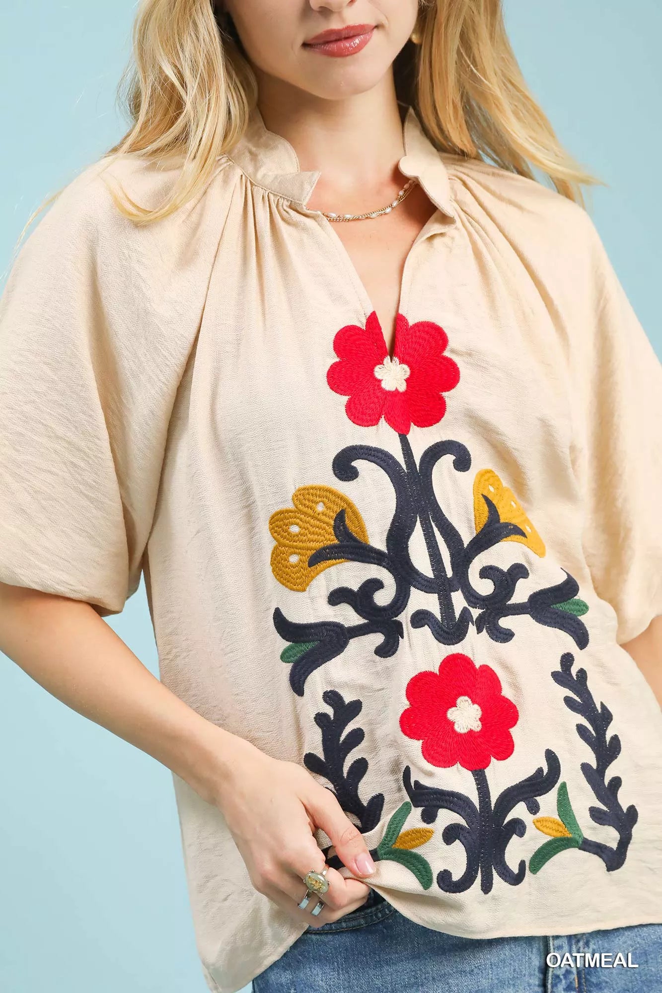 Sarah Express Women's Embroidered Boho Puff Sleeve Blouse - Multicolor V-Neck Top