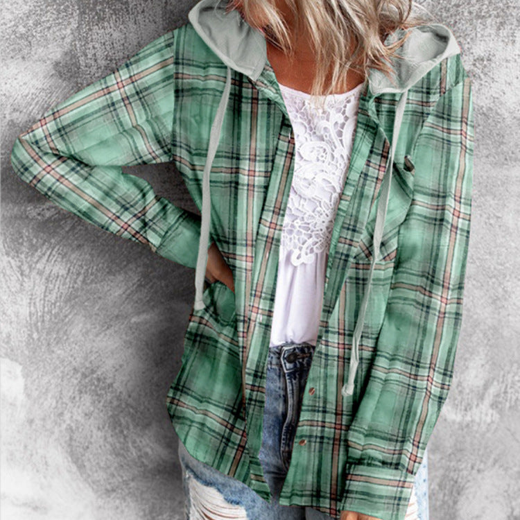 Sarah Express Women's Plaid Hooded Shirt Jacket Casual Loose Fit Pullover Top