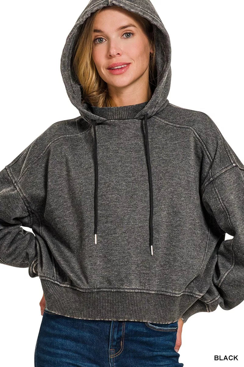 Sarah Express Women's Acid Wash Fleece Hoodie BLACK