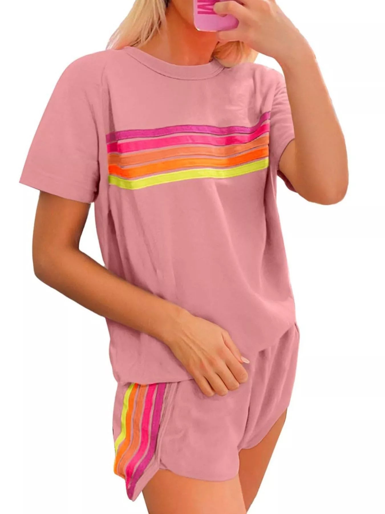 Sarah Express Women's Rainbow Striped Two Piece Set - Round Neck Top & Shorts Lounge Set