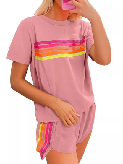 Sarah Express Women's Rainbow Striped Two Piece Set - Round Neck Top & Shorts Lounge Set
