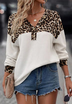 Sarah Express Women's Waffle-Knit Leopard V-Neck Long Sleeve Blouse