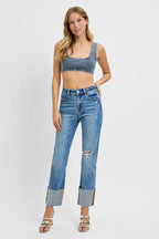 Sarah Express Women’s Plus Size High Rise Ankle Jeans with Wide Cuff
