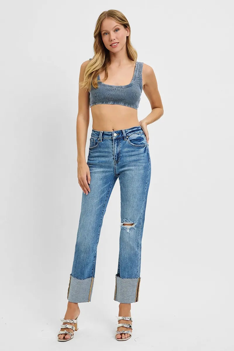 Sarah Express Women’s Plus Size High Rise Ankle Jeans with Wide Cuff
