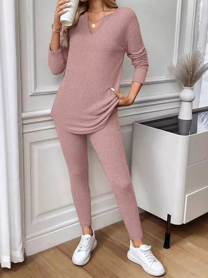 Sarah Express Women's Ribbed Knit Long Sleeve Top and Pants Lounge Set Pink
