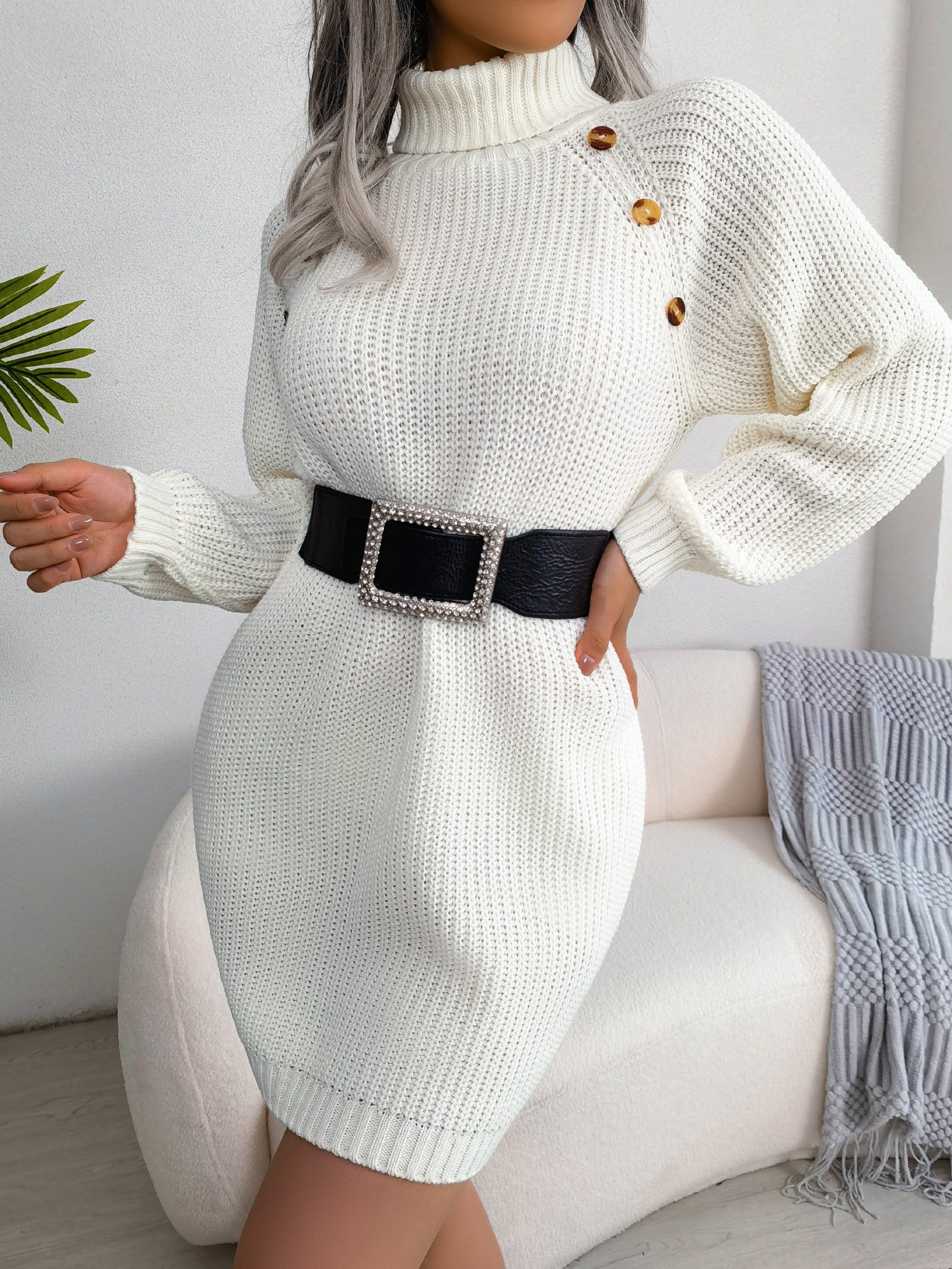 Sarah Express Women's Turtleneck Sweater Dress Long Sleeve Button Front Bodycon Knit Dress
