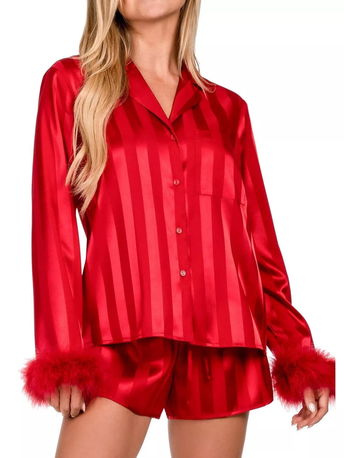Sarah Express Women's Striped Feather Trim Shirt and Shorts Lounge Set Red
