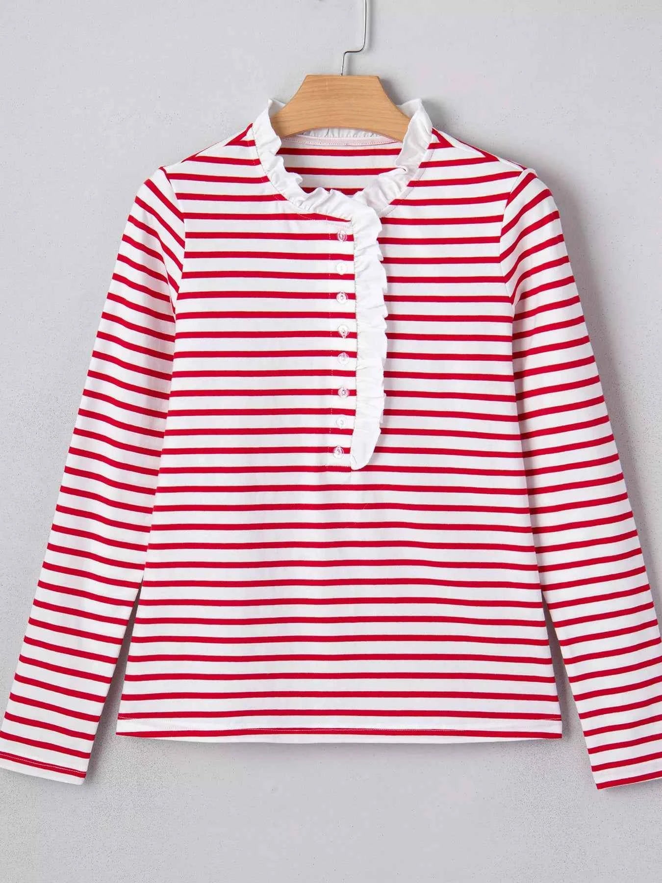 Sarah Express Women's Stripe Contrast Frilled Trim Half Button Long Sleeve Top