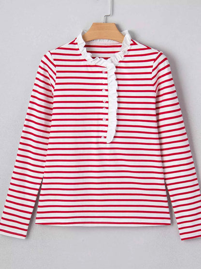 Sarah Express Women's Stripe Contrast Frilled Trim Half Button Long Sleeve Top