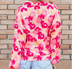 Sarah Express Women's Floral Print Puff Sleeve Button-Down Shirt Polyester Pink